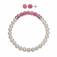 Cultured Freshwater Pearl & Pink Lab Created Crystal Bead Sterling Silver Jewelry Set