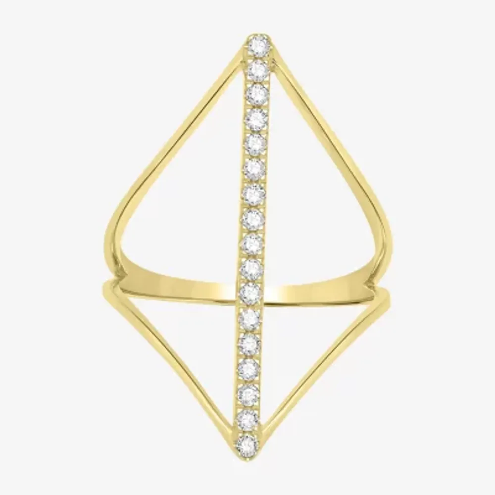 Open V Womens 1/5 CT. Natural White Diamond 14K Gold Bar Delicate Cocktail Ring