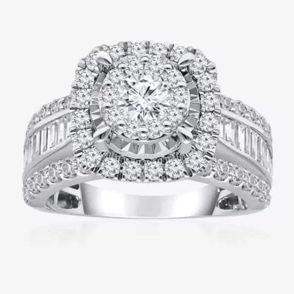 (I / I1) Womens 2 CT. T.W. Lab Grown White Diamond 10K or 14K Gold Cushion Side Stone Halo Engagement Ring