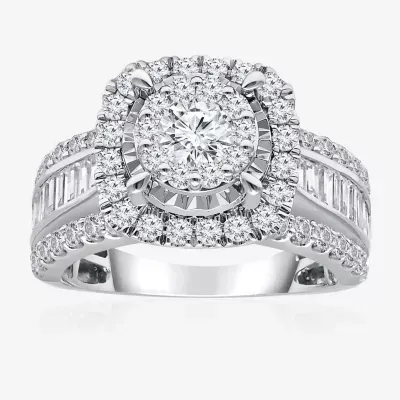 (I / I1) Womens 2 CT. T.W. Lab Grown White Diamond 10K or 14K Gold Cushion Side Stone Halo Engagement Ring