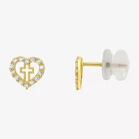 White Cubic Zirconia 14K Gold 6.5mm Heart Stud Earrings