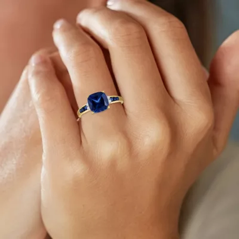 Womens Diamond Accent Lab Created Blue Sapphire 10K Gold Side Stone Cocktail Ring