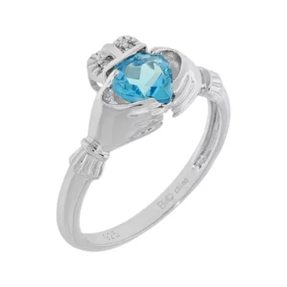 Heart-Shaped Genuine Blue Topaz and Diamond-Accent Sterling Silver Claddagh Ring