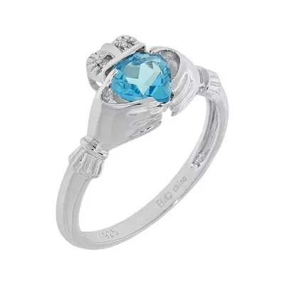 Heart-Shaped Genuine Blue Topaz and Diamond-Accent Sterling Silver Claddagh Ring