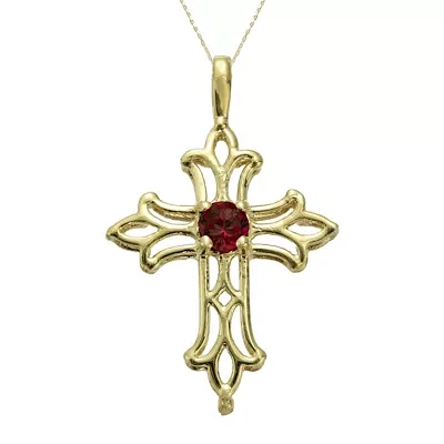 Genuine Garnet 10K Yellow Gold Cross Pendant Necklace