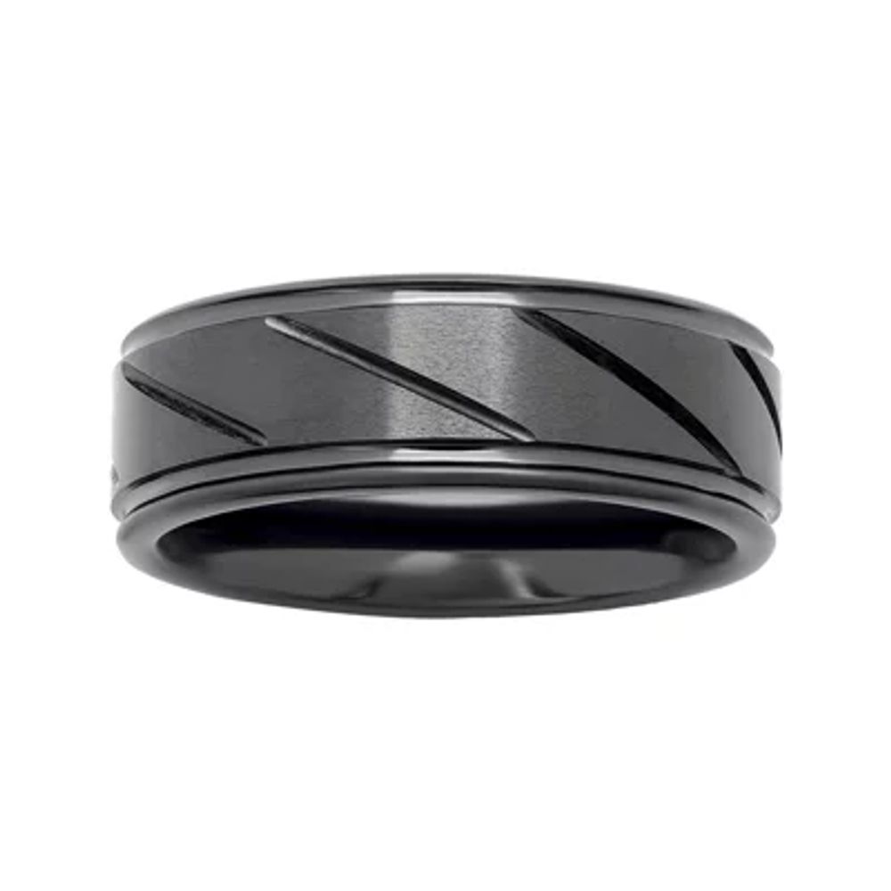 Personalized Mens 7mm Comfort Fit Diagonal Stripe Black Ceramic Wedding Band