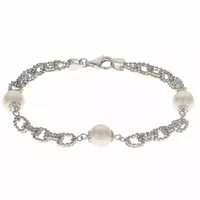 Cultured Freshwater Pearl Sterling Silver Station Chain Bracelet