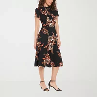 London Style Womens Short Sleeve Floral Midi Fit + Flare Dress