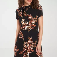 London Style Womens Short Sleeve Floral Midi Fit + Flare Dress