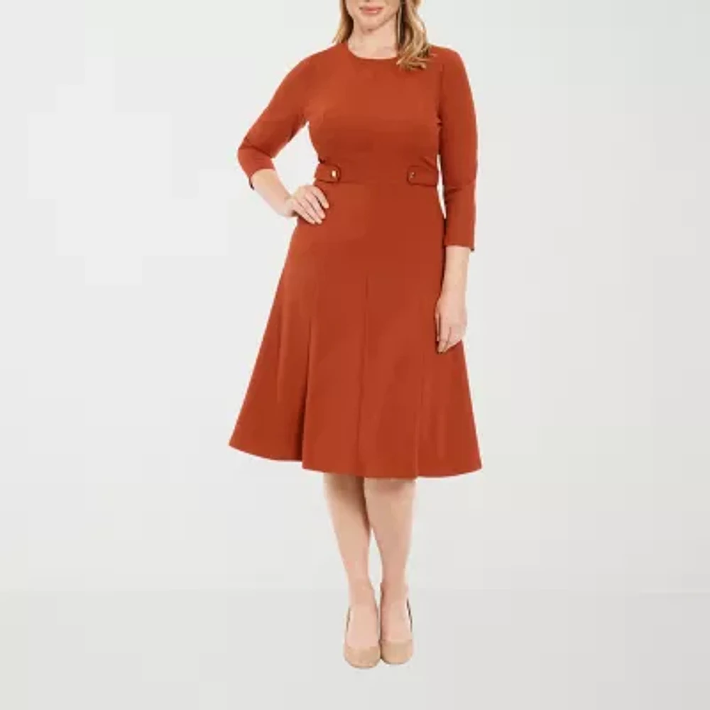 London Style Womens 3/4 Sleeve Midi Fit + Flare Dress