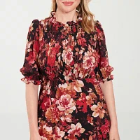 London Style Womens Elbow Sleeve Floral Midi Fit + Flare Dress