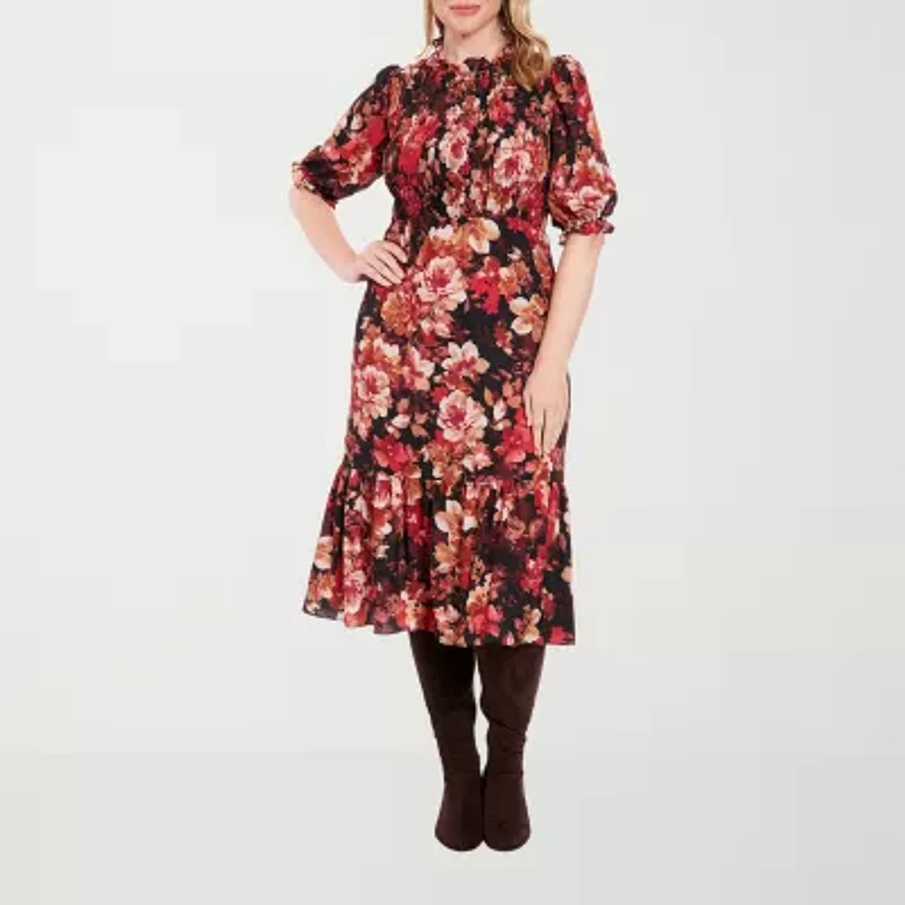 London Style Womens Elbow Sleeve Floral Midi Fit + Flare Dress