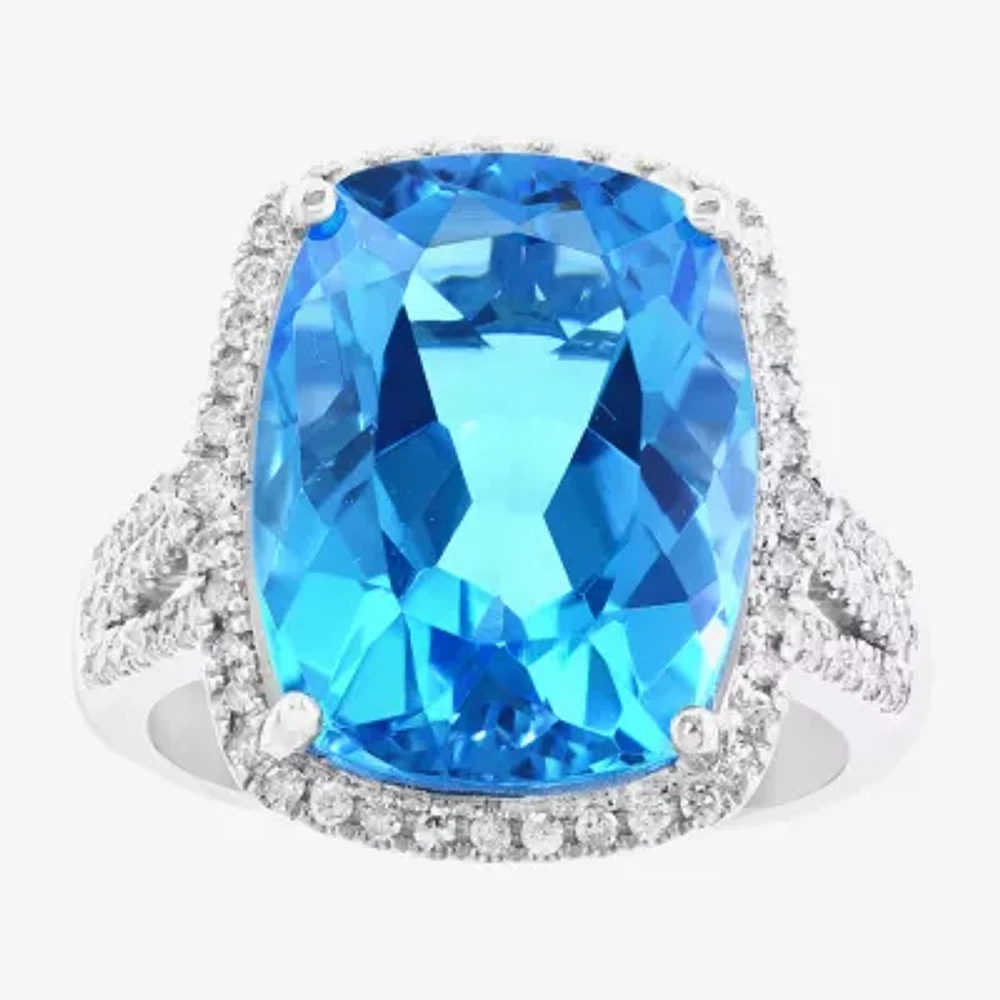 Effy Final Call Womens 3/8 CT. T.W. Genuine Blue Topaz 14K White Gold Cushion Halo Cocktail Ring