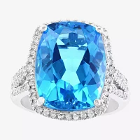 Effy Final Call Womens 3/8 CT. T.W. Genuine Blue Topaz 14K White Gold Cushion Halo Cocktail Ring