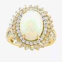 Effy Final Call Genuine White Opal & 3/8 CT. T.W. Natural Diamond 14K Gold Oval Halo Cocktail Ring