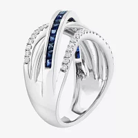 Effy  Womens Genuine Blue Sapphire & 1/3 CT. T.W. Natural Diamond 14K White Gold Cocktail Ring