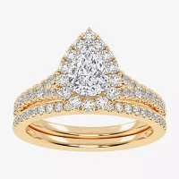 (G-H / Vs2-Si1) Womens 1 CT. T.W. Lab Grown White Diamond 10K Gold Pear Side Stone Halo Bridal Set