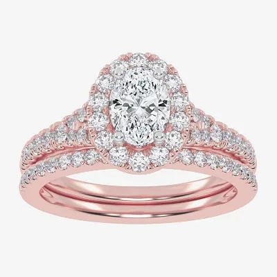 (G-H / Vs2-Si1) Womens 1 CT. T.W. Lab Grown White Diamond 10K Rose Gold Oval Side Stone Halo Bridal Set