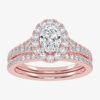 (G-H / Vs2-Si1) Womens 1 CT. T.W. Lab Grown White Diamond 10K Rose Gold Oval Side Stone Halo Bridal Set