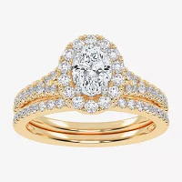 (G-H / Vs2-Si1) Womens 1 CT. T.W. Lab Grown White Diamond 10K Gold Oval Side Stone Halo Bridal Set