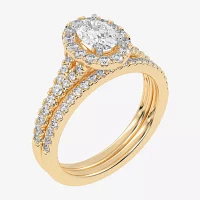 (G-H / Vs2-Si1) Womens 1 CT. T.W. Lab Grown White Diamond 10K Gold Oval Side Stone Halo Bridal Set