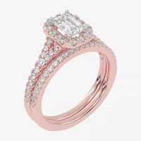 (G-H / Vs2-Si1) Womens 1 CT. T.W. Lab Grown White Diamond 10K Rose Gold Side Stone Halo Bridal Set