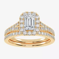 G-H / Vs2-Si1) Womens 1 CT. T.W. Lab Grown White Diamond 10K Gold Side Stone Halo Bridal Set