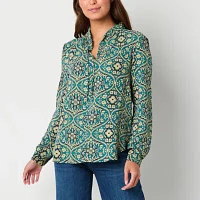 Ryegrass Womens Split Tie Neck Long Sleeve Blouse