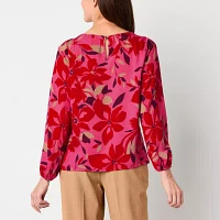 Liz Claiborne Womens Round Neck Long Sleeve Satin Blouse