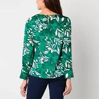Liz Claiborne Womens Round Neck Long Sleeve Satin Blouse