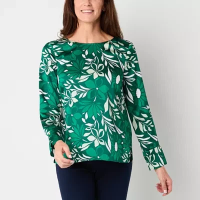 Liz Claiborne Womens Round Neck Long Sleeve Satin Blouse