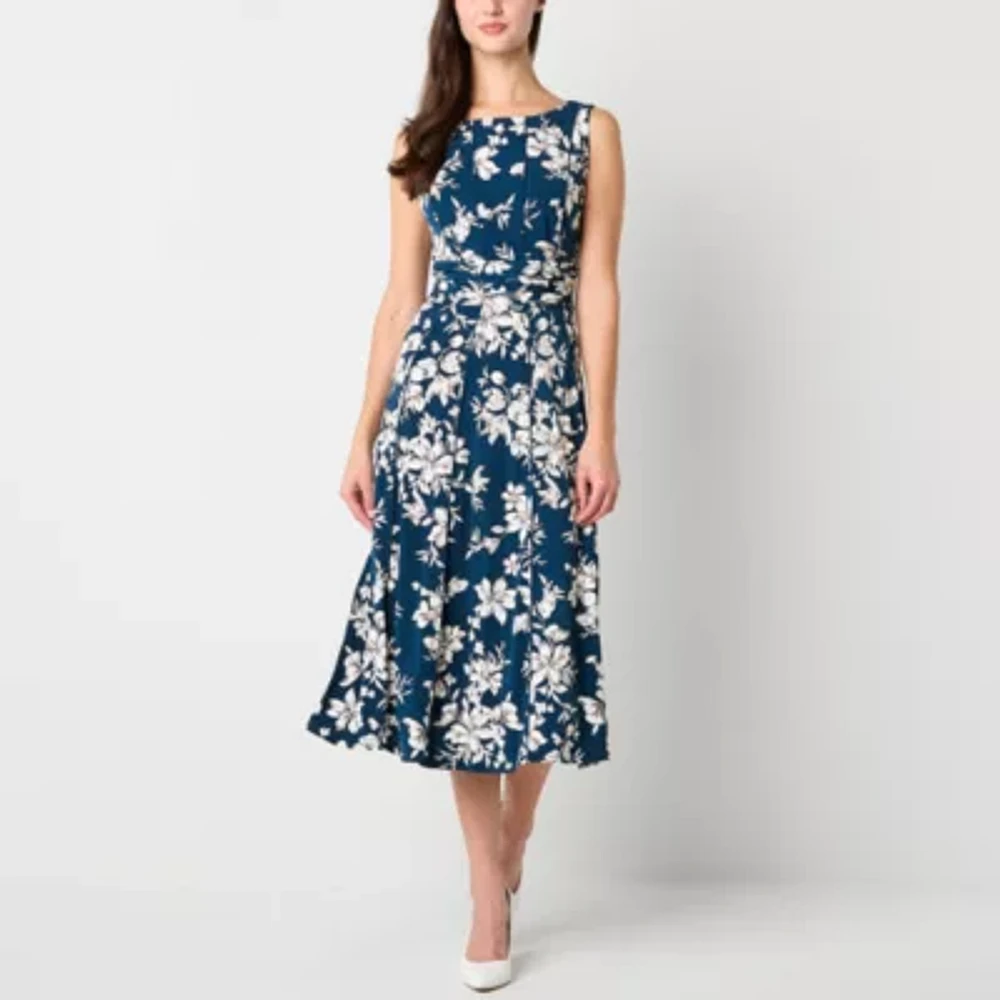 Perceptions Womens Sleeveless Floral Puff Print Midi Fit + Flare Dress