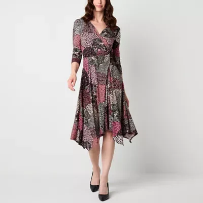 Perceptions Womens 3/4 Sleeve Patchwork Midi Fit + Flare Dress