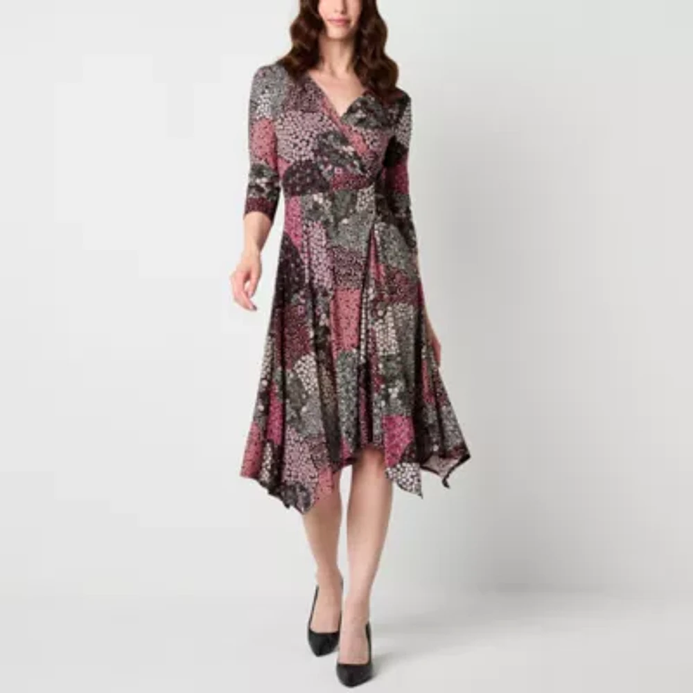 Perceptions Womens 3/4 Sleeve Floral Midi Fit + Flare Dress Petite