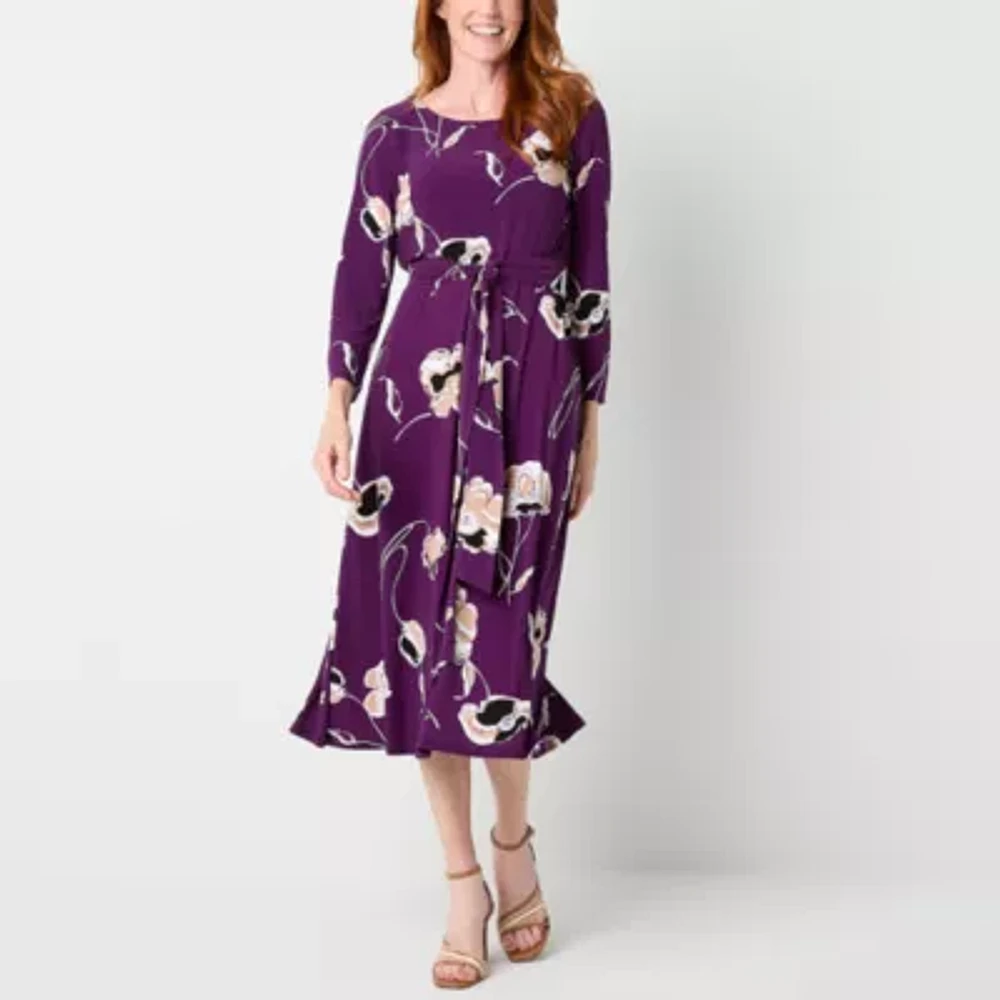 Black Label by Evan-Picone Womens 3/4 Sleeve Floral Midi Fit + Flare Dress