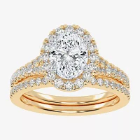 G-H / Vs2-Si1) Womens / CT. T.W. Lab Grown White Diamond 14K Gold Oval Side Stone Halo Bridal Set