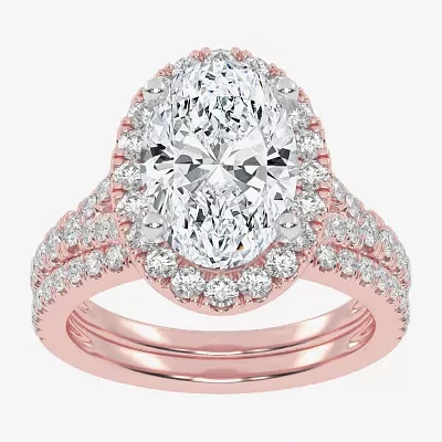 G-H / Vs2-Si1) Womens 3 3/4 CT. T.W. Lab Grown White Diamond 14K Rose Gold Oval Side Stone Halo Bridal Set