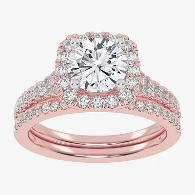 G-H / Vs2-Si1) Womens / CT. T.W. Lab Grown White Diamond 14K Rose Gold Round Side Stone Halo Bridal Set