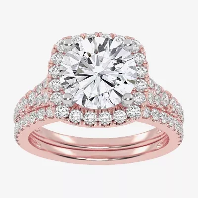 (G-H / Vs2-Si1) Womens 2 3/4 CT. T.W. Lab Grown White Diamond 14K Rose Gold Round Side Stone Halo Bridal Set