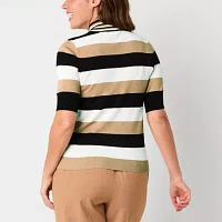 Liz Claiborne Womens Mock Neck Elbow Sleeve Striped Pullover Sweater