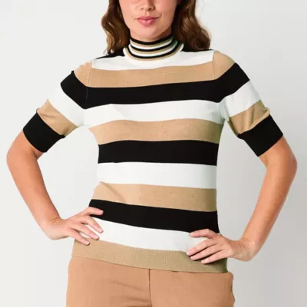 Liz Claiborne Womens Mock Neck Elbow Sleeve Striped Pullover Sweater