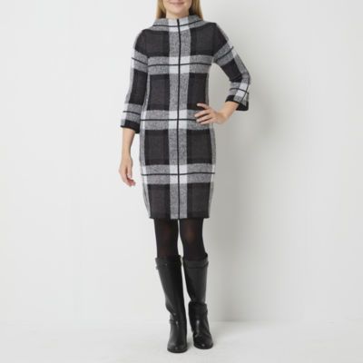 Studio 1 Womens 3/4 Sleeve Plaid Sweater Dress