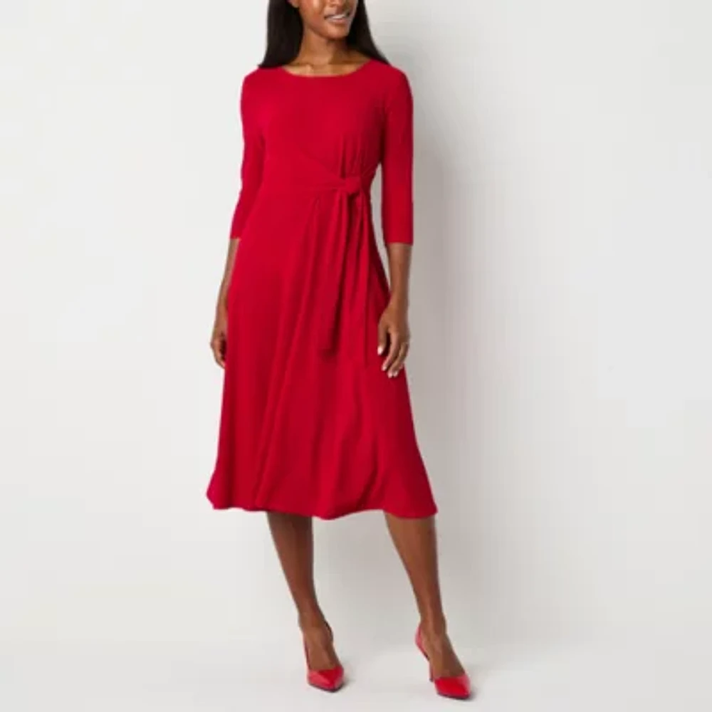 Perceptions Womens 3/4 Sleeve Midi Fit + Flare Dress