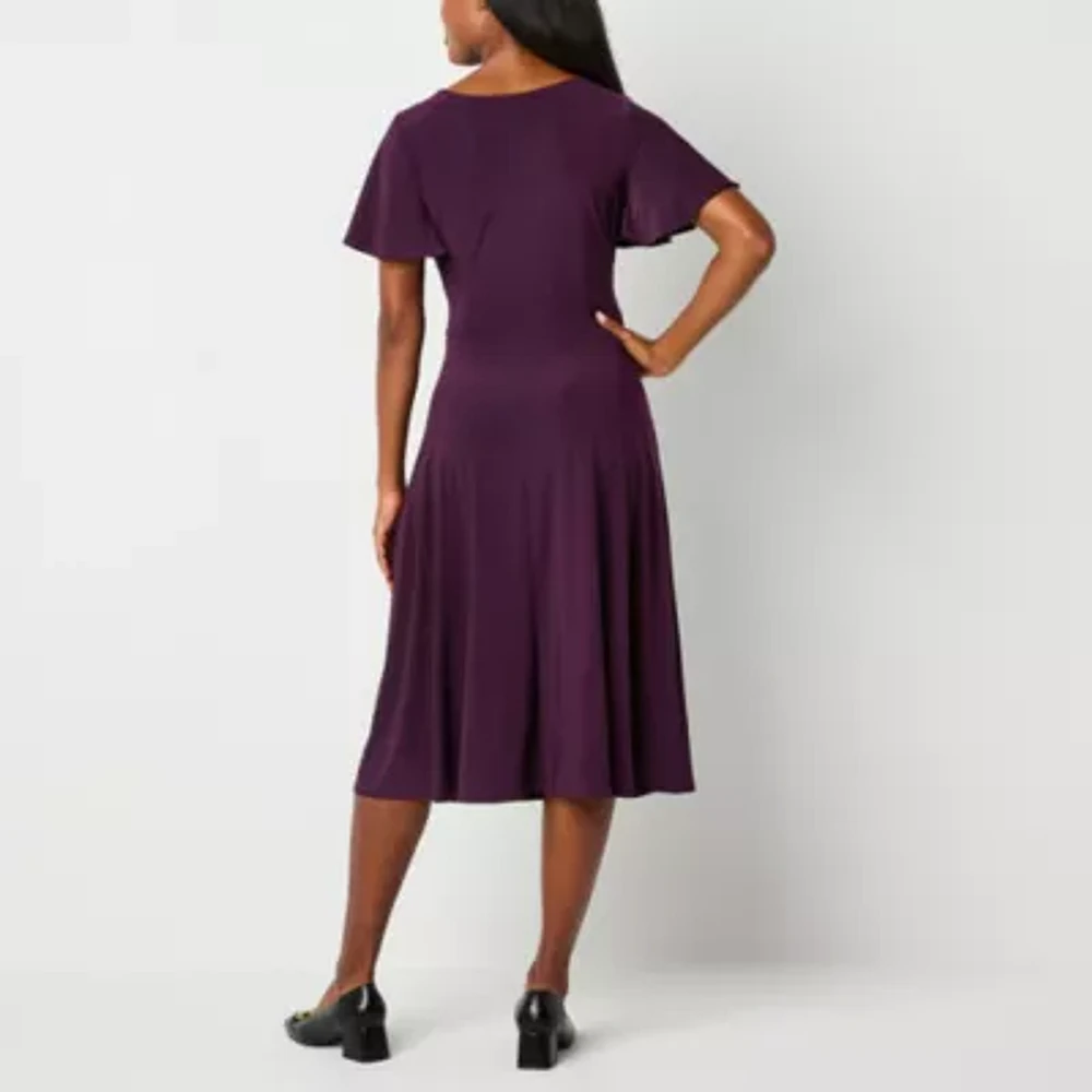 Perceptions Womens Short Sleeve Midi Fit + Flare Dress