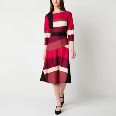 Danny & Nicole Womens 3/4 Sleeve Midi Fit + Flare Dress