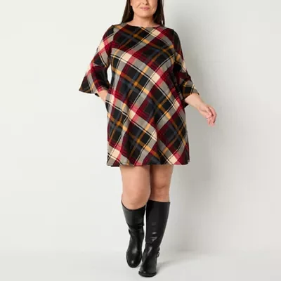 Jessica Howard Womens 3/4 Sleeve Plaid Shift Dress Plus