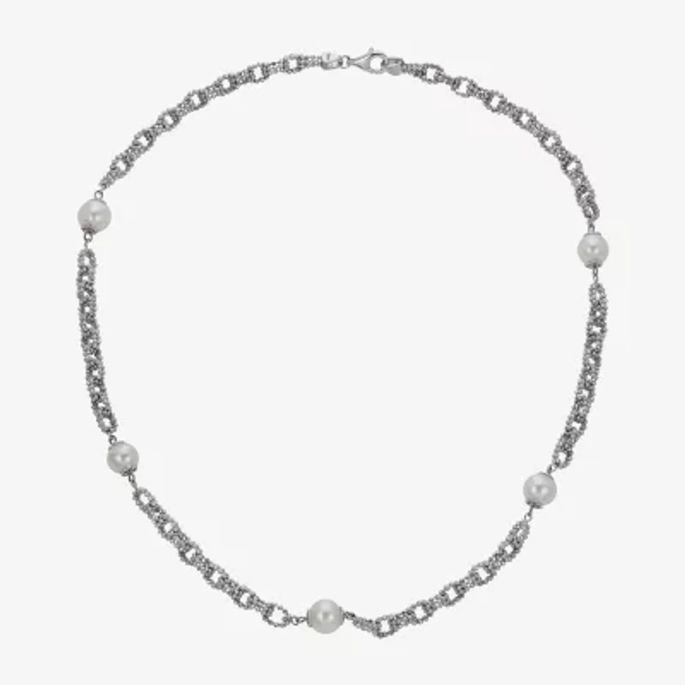 Cultured Freshwater Button Pearl Diamond-Cut Sterling Silver Chain Necklace