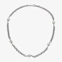 Cultured Freshwater Button Pearl Diamond-Cut Sterling Silver Chain Necklace