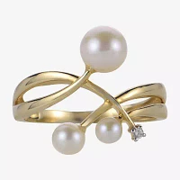 Womens Diamond Accent 6-6.5MM White Cultured Freshwater Pearl 14K Gold Cocktail Ring