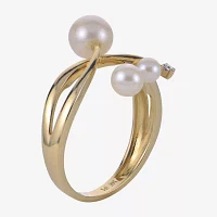 Womens Diamond Accent 6-6.5MM White Cultured Freshwater Pearl 14K Gold Cocktail Ring